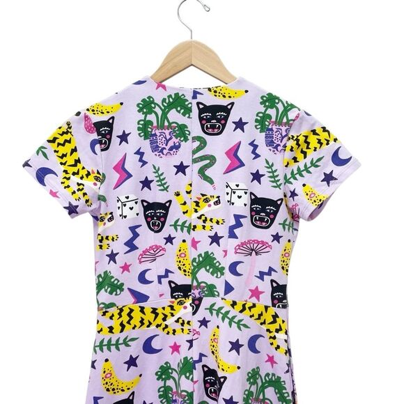 Nooworks Greta Dress XS Purple Graphic Print Fit & Flare Cotton Jersey Pockets - Picture 7 of 12